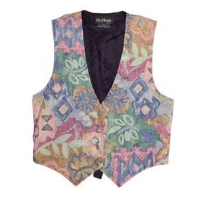 VINTAGE 90s abstract botanical multi color button‎ up vest S
